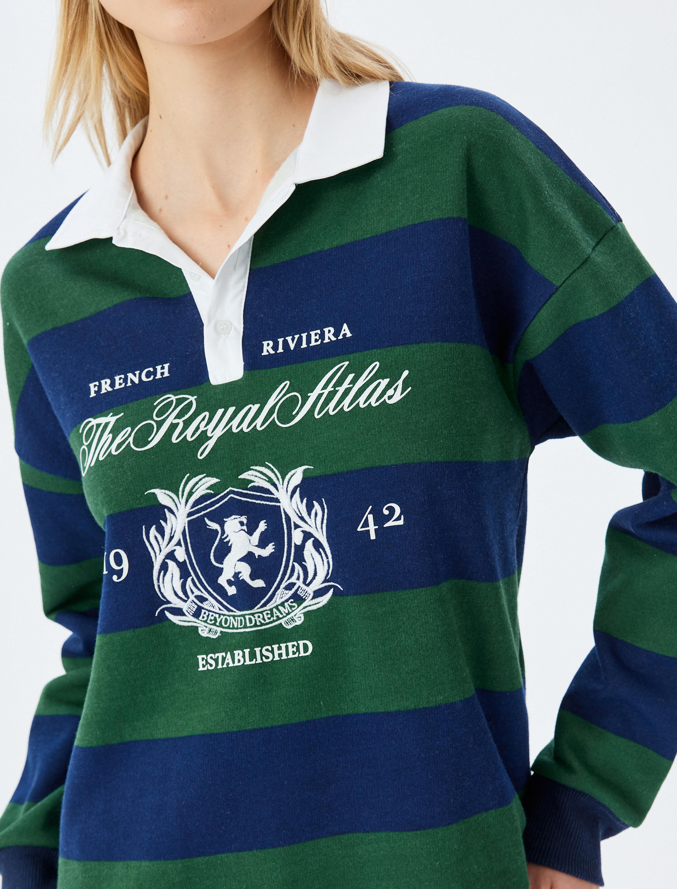   Kolej Baskılı Polo Yaka Renk Bloklu Şardonlu Sweatshirt