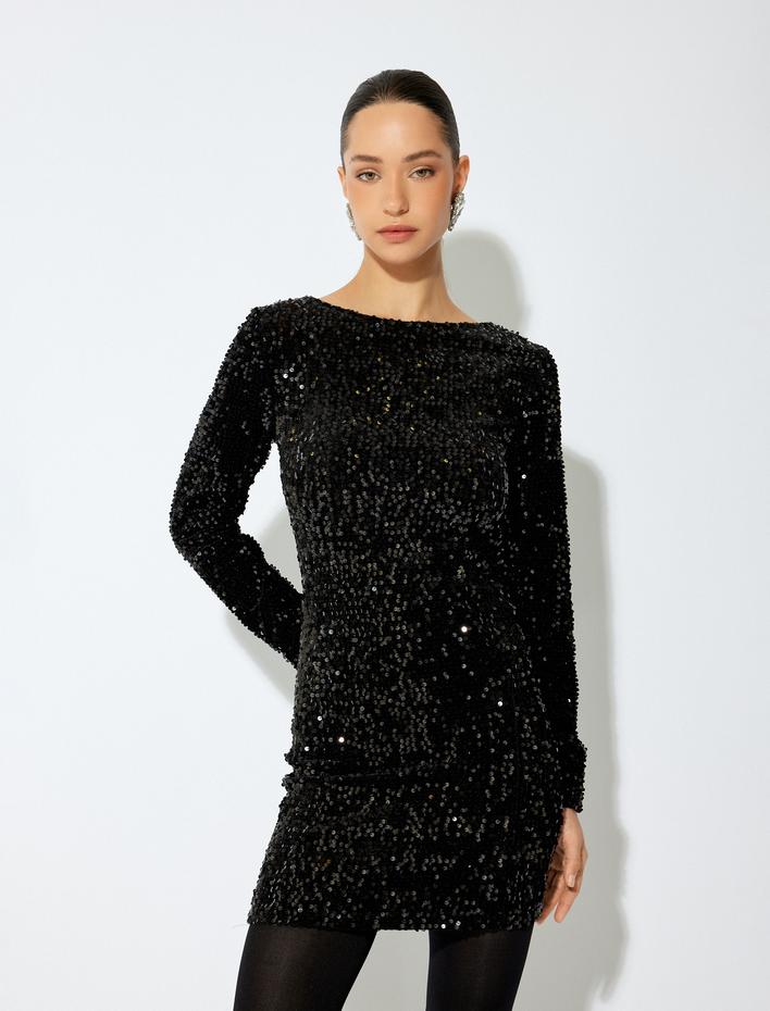 Yuvarlak Yaka Uzun Kollu Slim Fit Mini Pullu Payetli Kalem Elbise