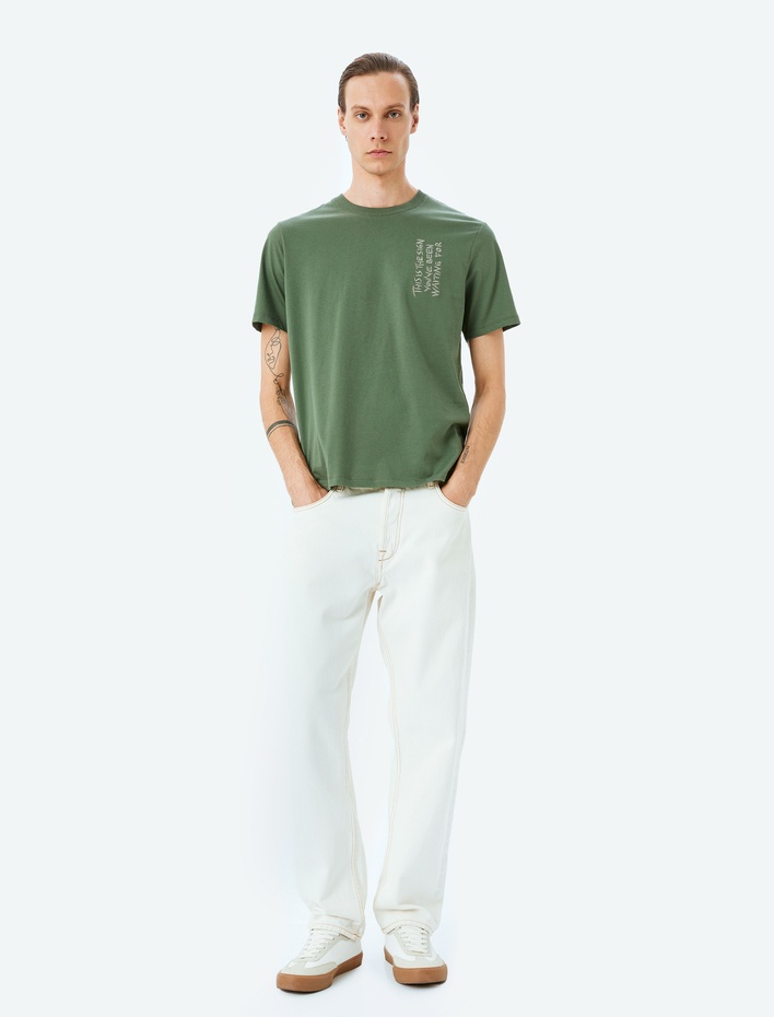  Bisiklet Yaka Regular Fit Kısa Kollu Pamuklu Slogan Baskılı Tişört