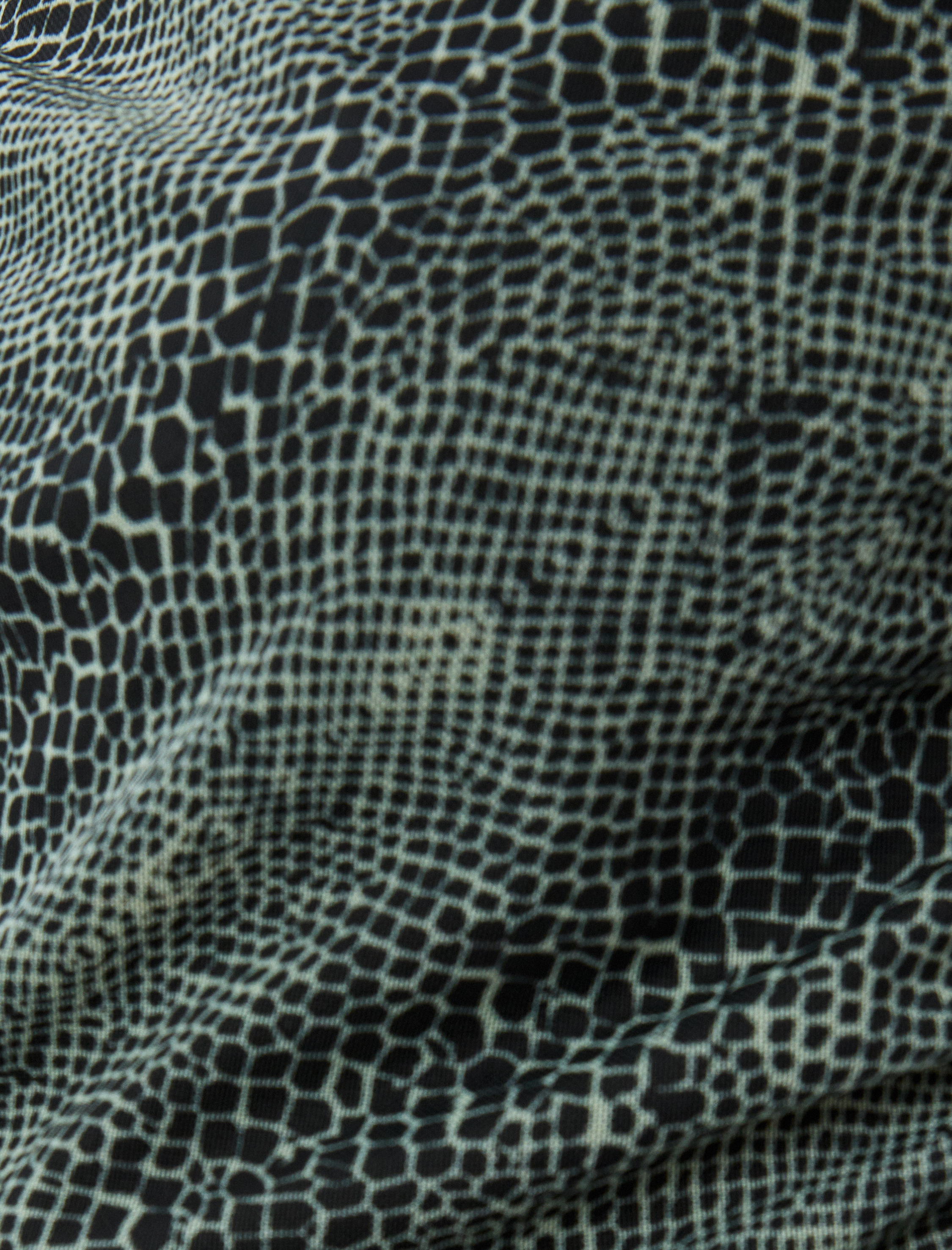   Yılan Derisi Görünümlü Dik Yaka Drapeli Uzun Kollu Mini Tül Elbise