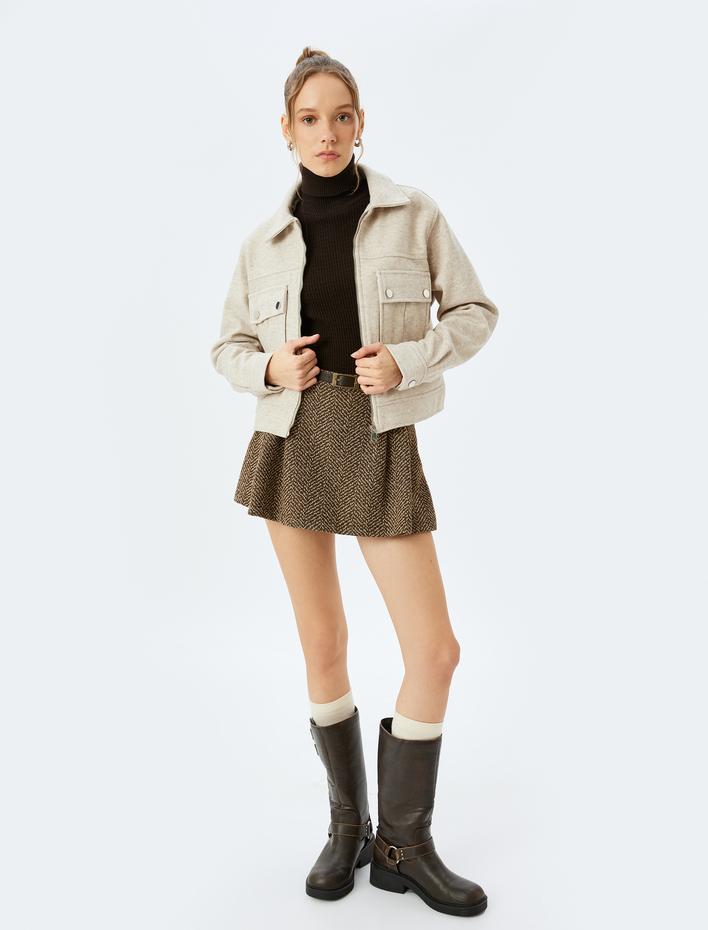  Fermuarlı Gömlek Yaka Cep Detaylı Astarlı Shacket