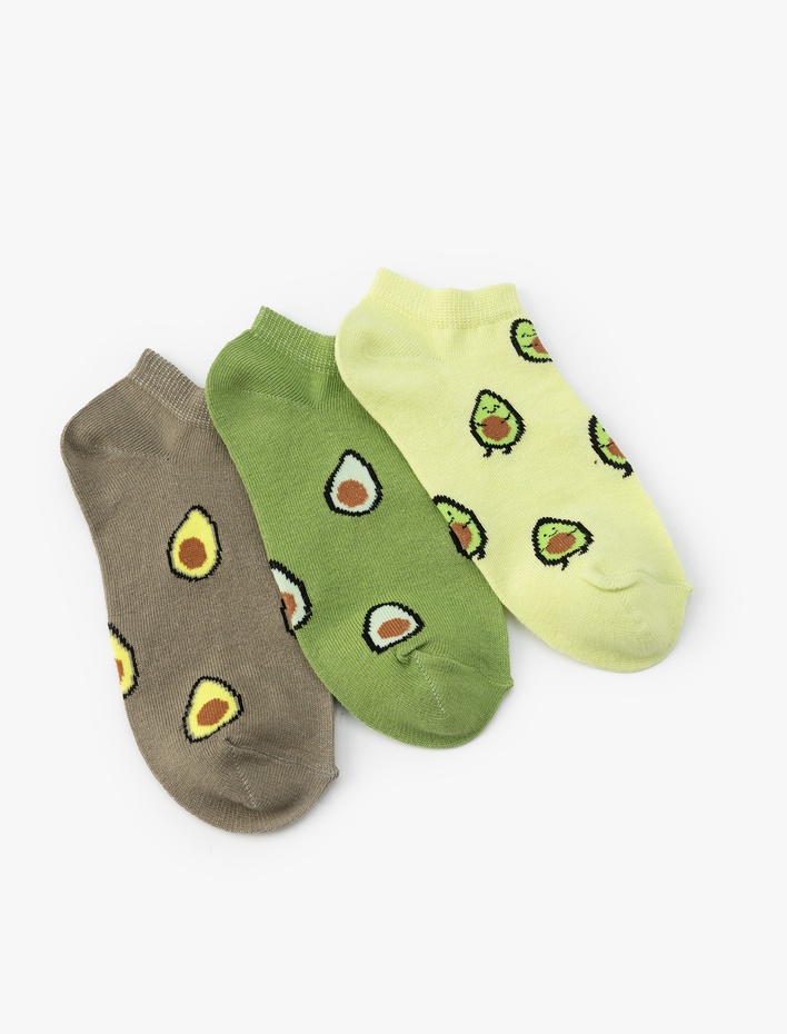 Kadın 3'lü Patik Çorap Seti Avokado Desenli Çok Renkli