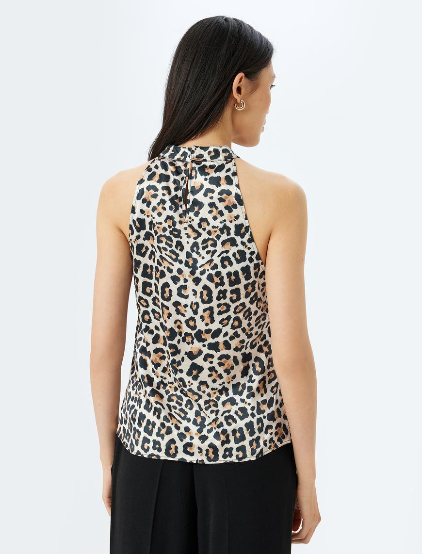   Saten Kolsuz Halter Yaka Leopar Bluz