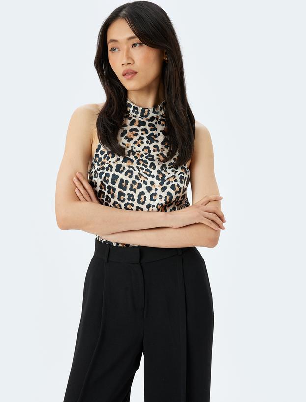 Saten Kolsuz Halter Yaka Leopar Bluz_0