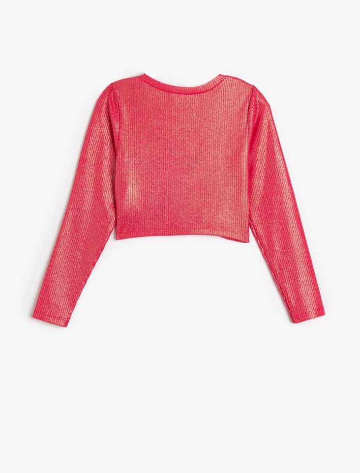 Kız Çocuk Bisiklet Yaka Uzun Kollu Kalp Detaylı Parlak Tişört