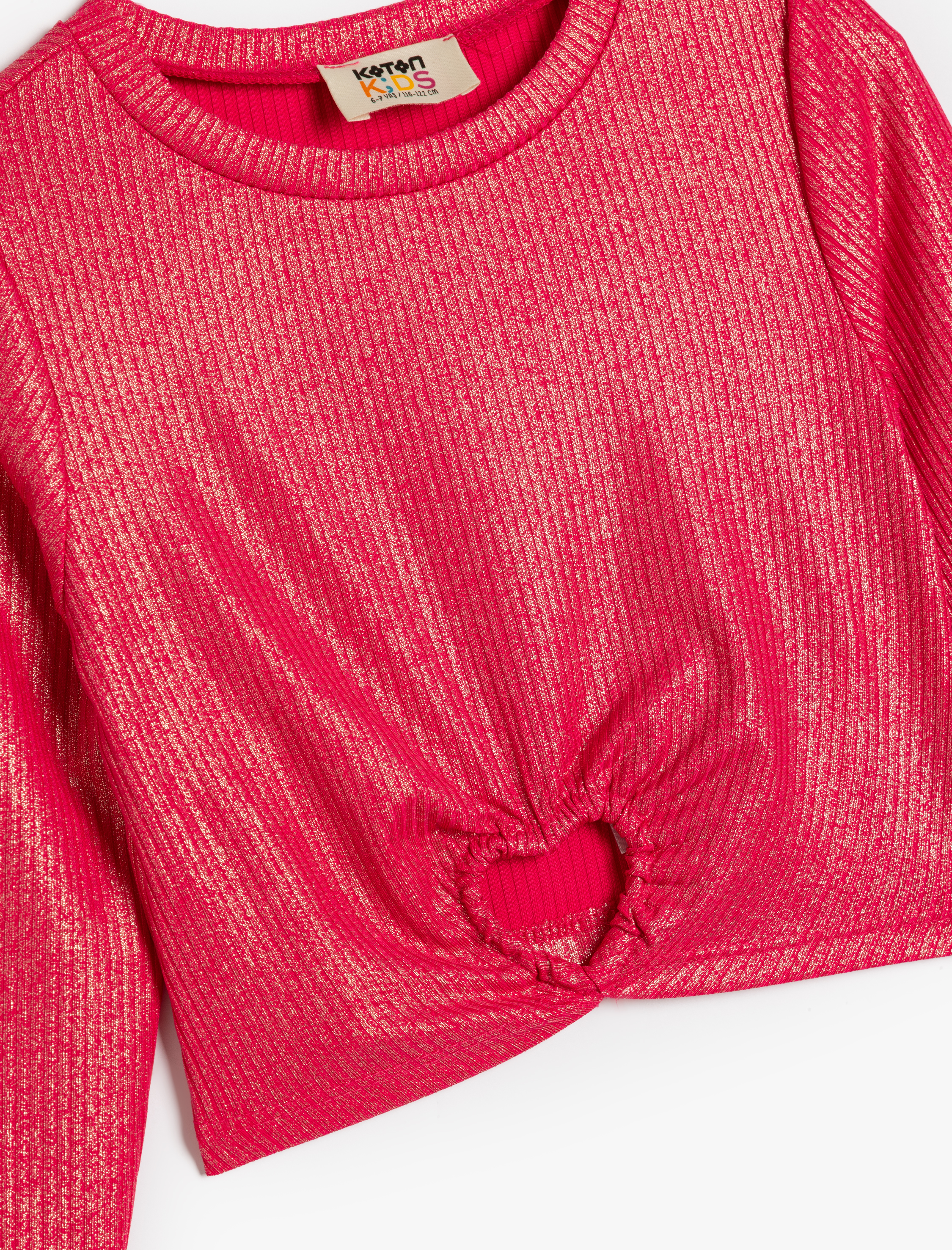  Kız Çocuk Bisiklet Yaka Uzun Kollu Kalp Detaylı Parlak Tişört