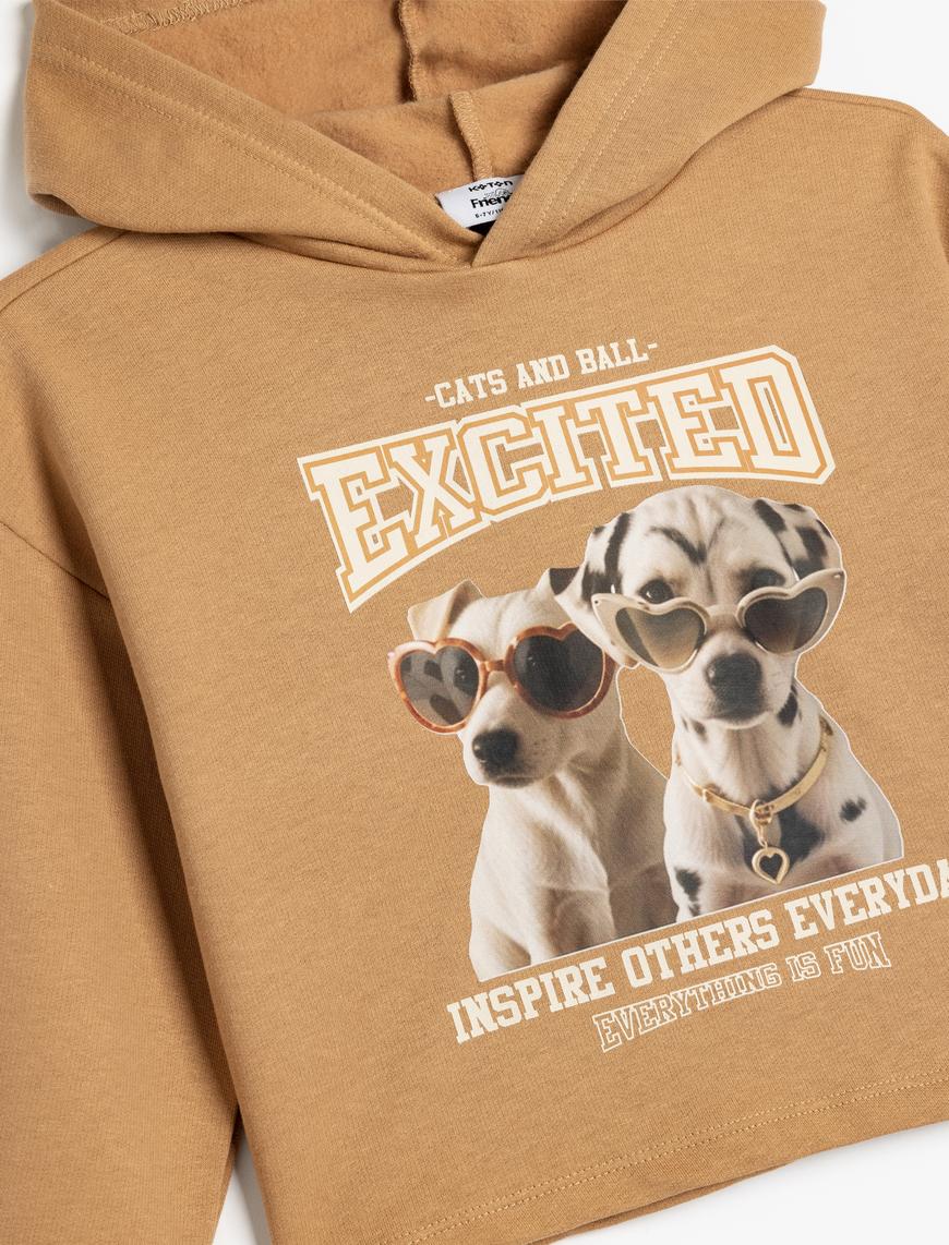  Kız Çocuk Kapşonlu Sweatshirt Köpek Baskılı Uzun Kollu Pamuklu