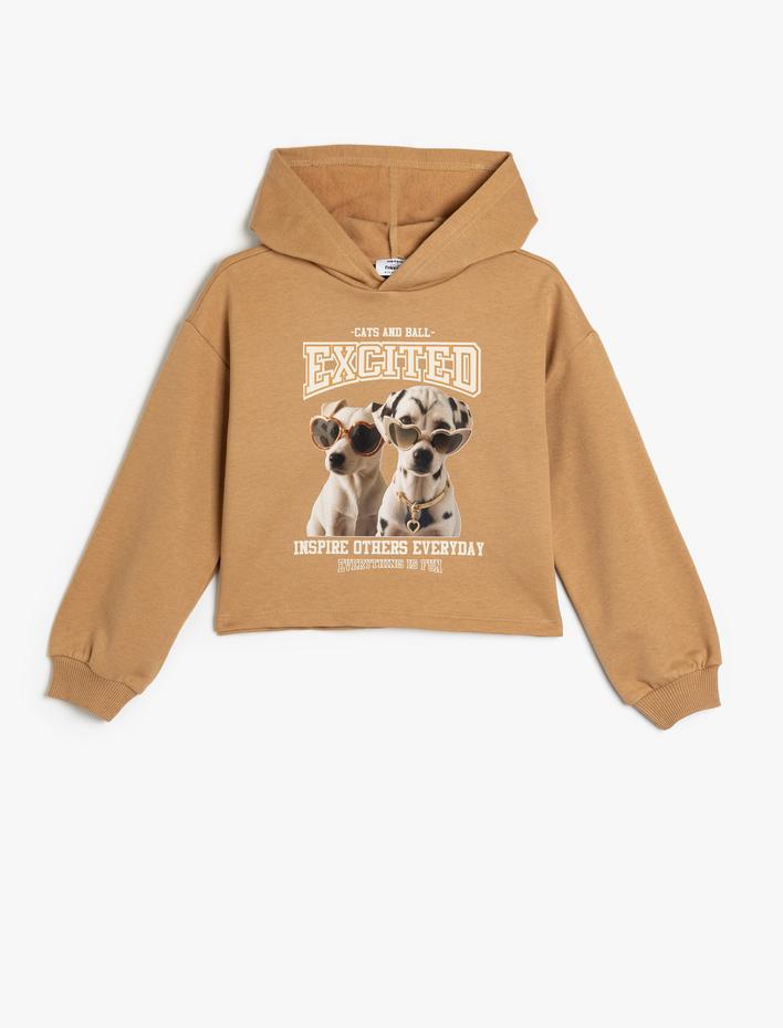 Kız Çocuk Kapşonlu Sweatshirt Köpek Baskılı Uzun Kollu Pamuklu