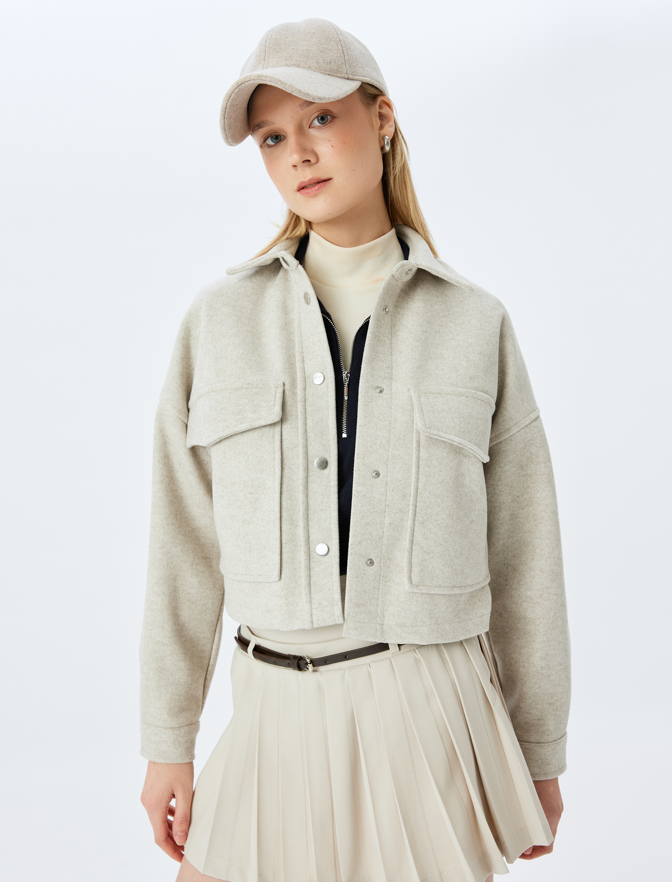   Gömlek Yaka Cep Detaylı Düğmeli Dokulu Shacket