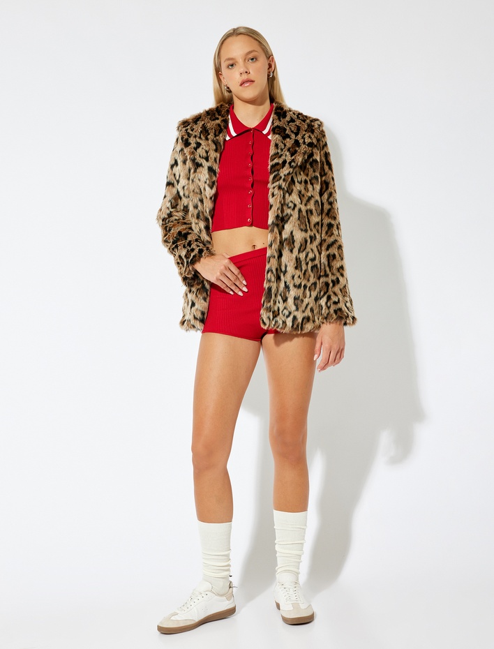  Suni Kürk Kaban Oversize Leopar Desenli Şal Yaka Kapüşonlu Cep Detaylı