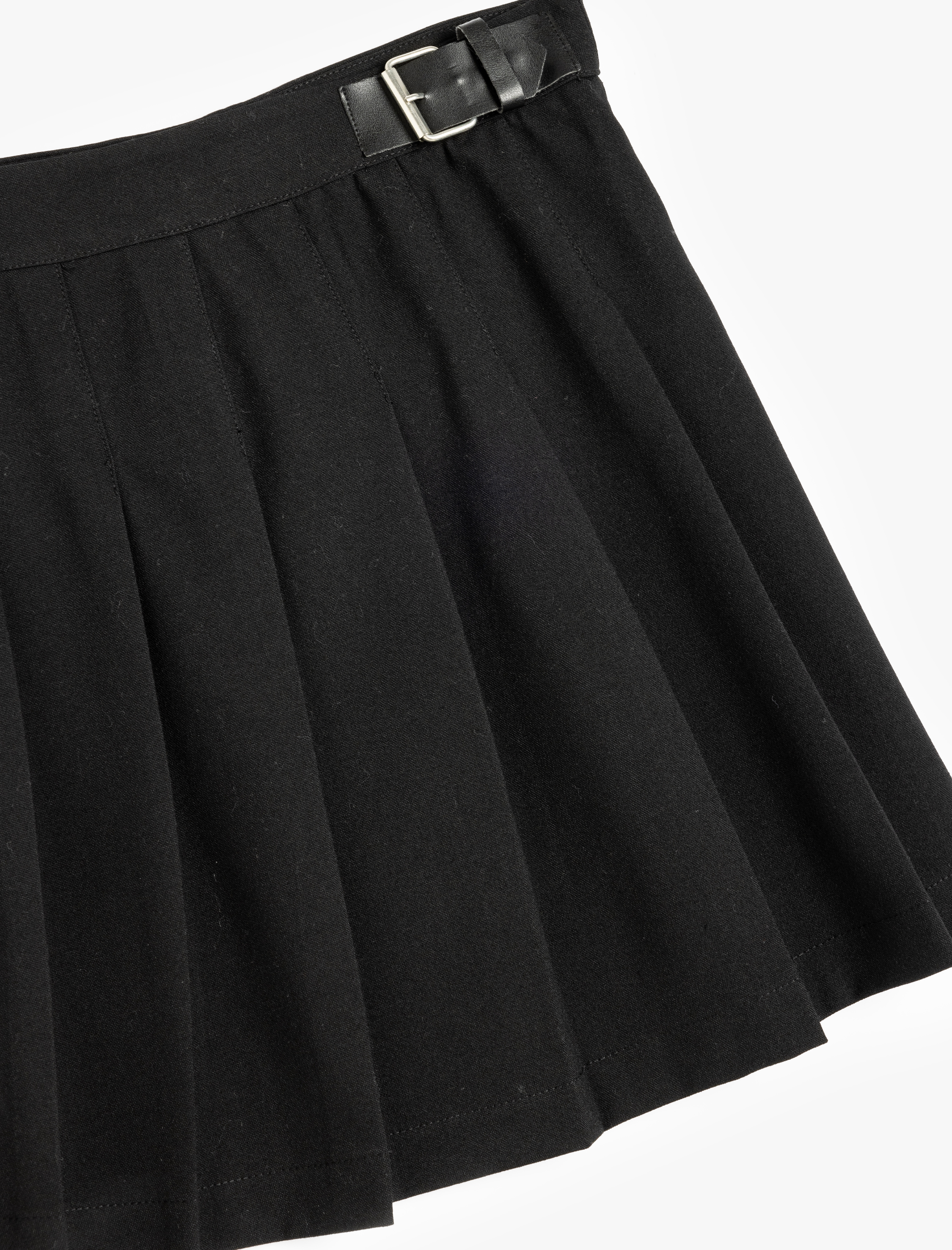 Kız Çocuk Ekoseli Şort Etek Kemer Tokalı Pileli Viskon Karışımlı