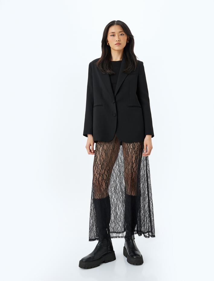  Astarsız Transparan Floral Desenli Uzun Dantel Etek