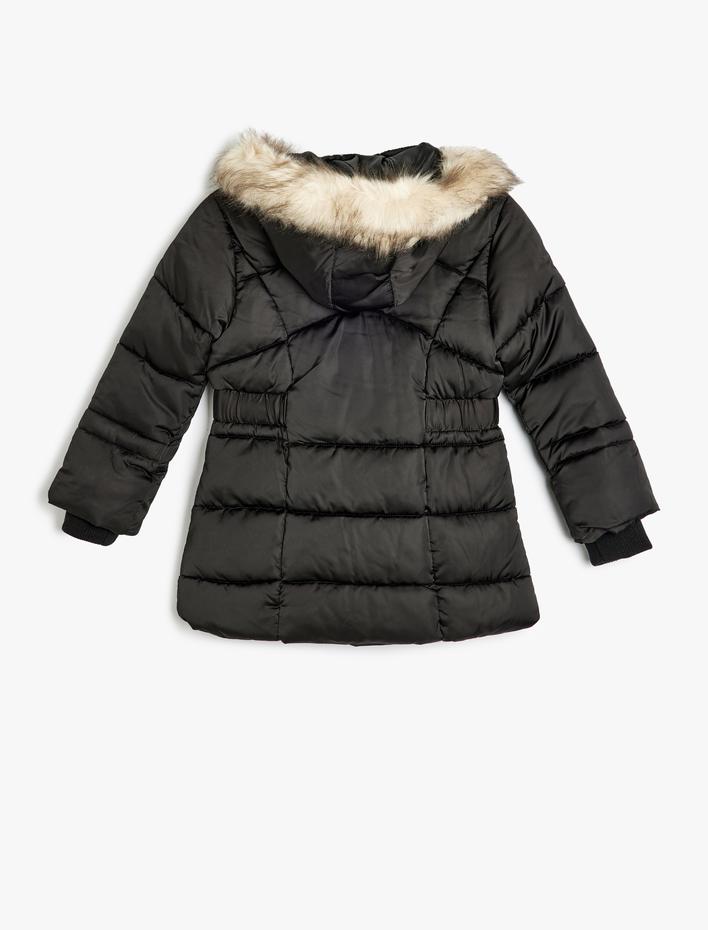 Kız Çocuk Şişme Kaban Suni Kürk Detaylı Kapşonlu Cepli Fermuarlı Kemer Detaylı