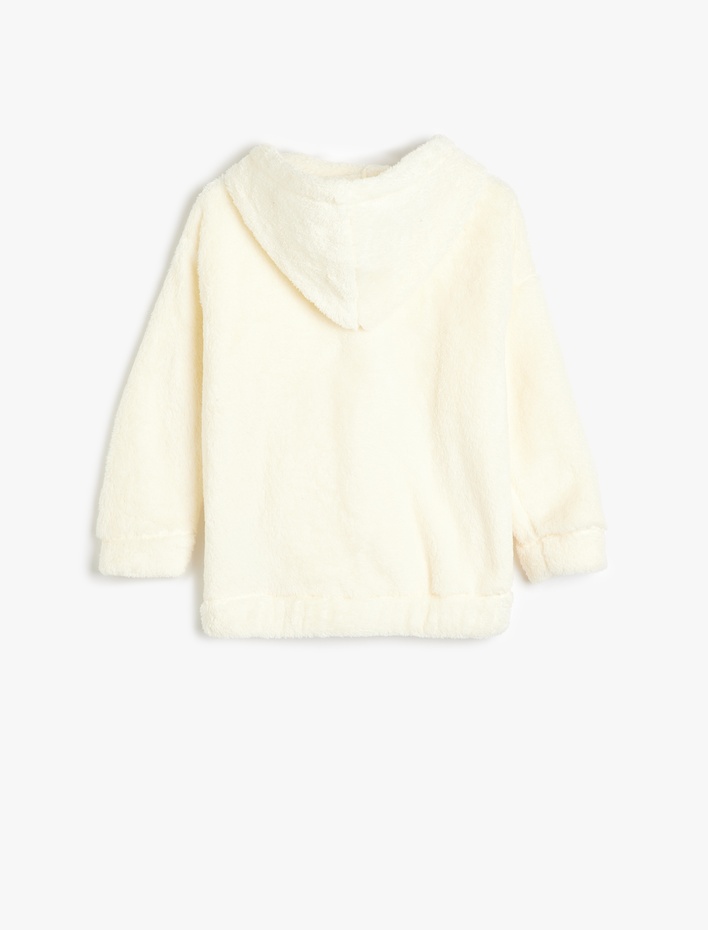 Kız Çocuk Kapşonlu Fermuarlı Peluş Sweatshirt Cep Detaylı Uzun Kollu