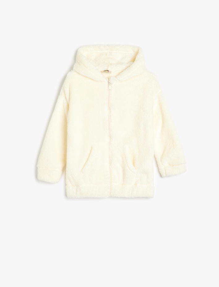 Kız Çocuk Kapşonlu Fermuarlı Peluş Sweatshirt Cep Detaylı Uzun Kollu