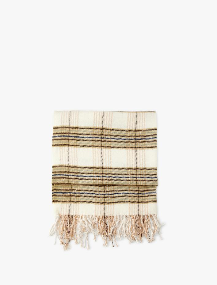 Kadın Püsküllü Ekoseli Çok Renkli Uzun Atkı