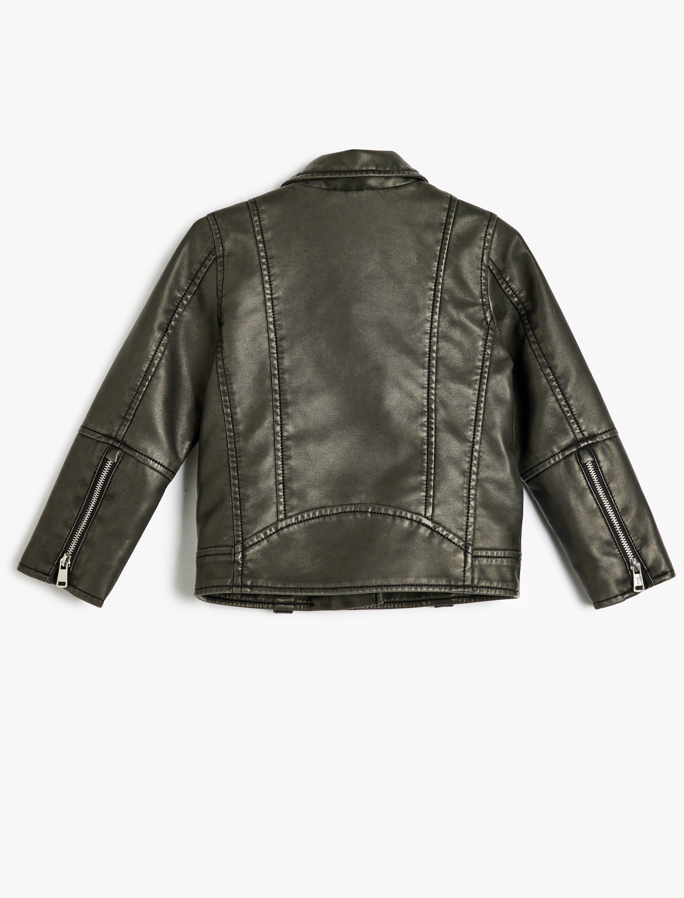  Kız Çocuk Biker Ceket Deri Görünümlü Fermuar Kapamalı Cep Detaylı