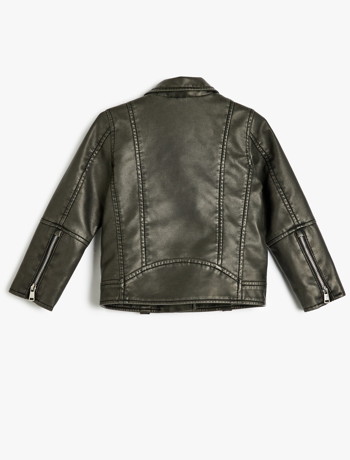 Kız Çocuk Biker Ceket Deri Görünümlü Fermuar Kapamalı Cep Detaylı