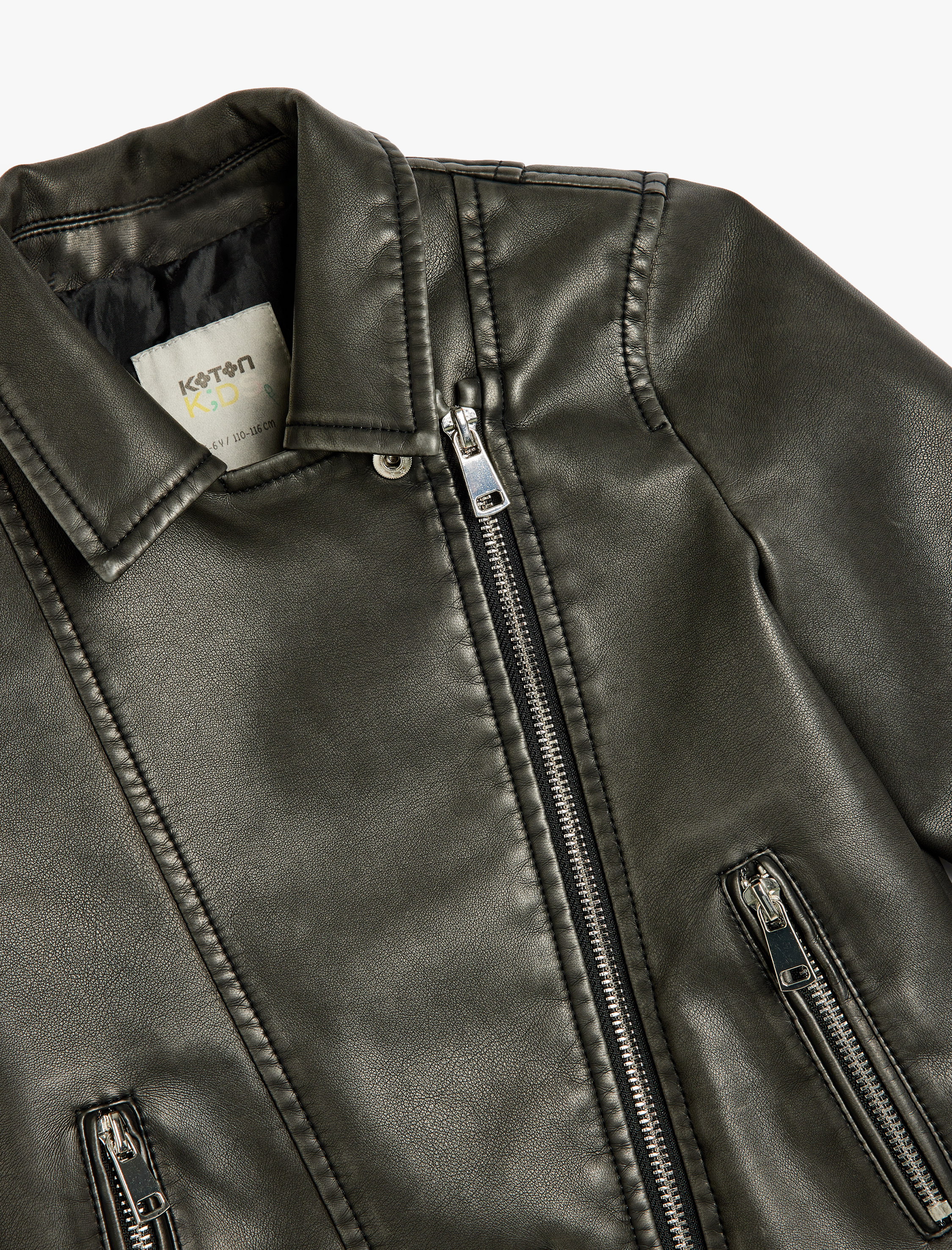  Kız Çocuk Biker Ceket Deri Görünümlü Fermuar Kapamalı Cep Detaylı