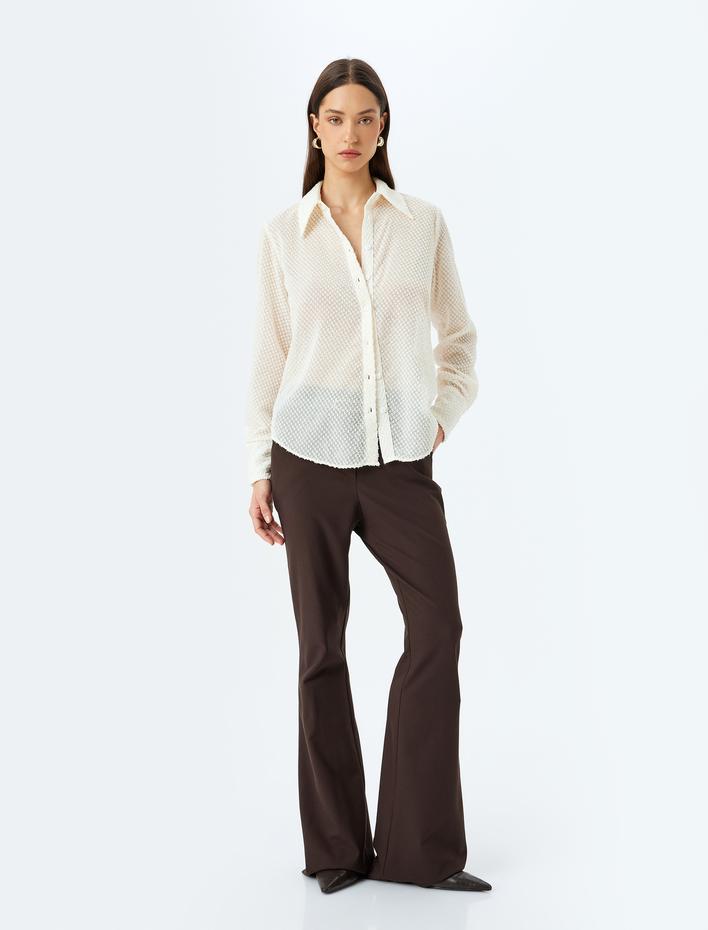  Uzun Kollu Dokulu Yarı Transparan Gömlek