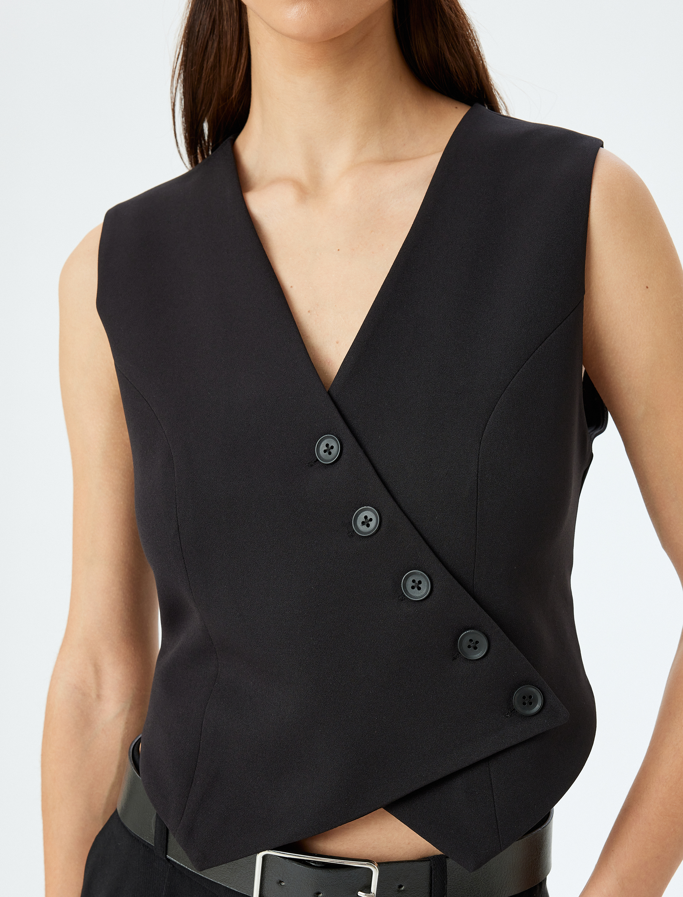   Düğmeli V Yaka Kruvaze Asimetrik Yelek