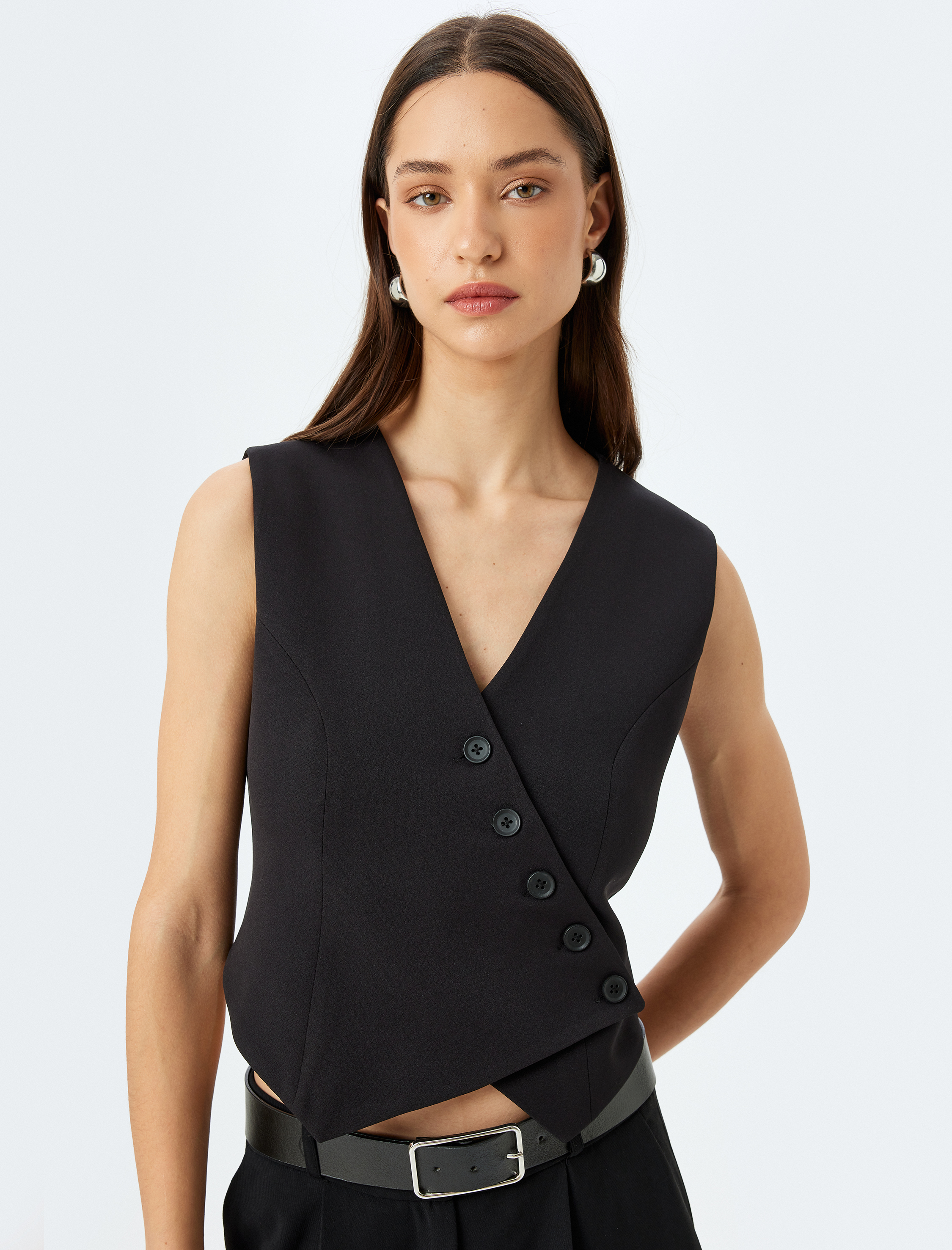   Düğmeli V Yaka Kruvaze Asimetrik Yelek