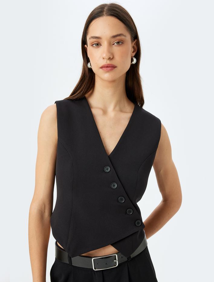  Düğmeli V Yaka Kruvaze Asimetrik Yelek