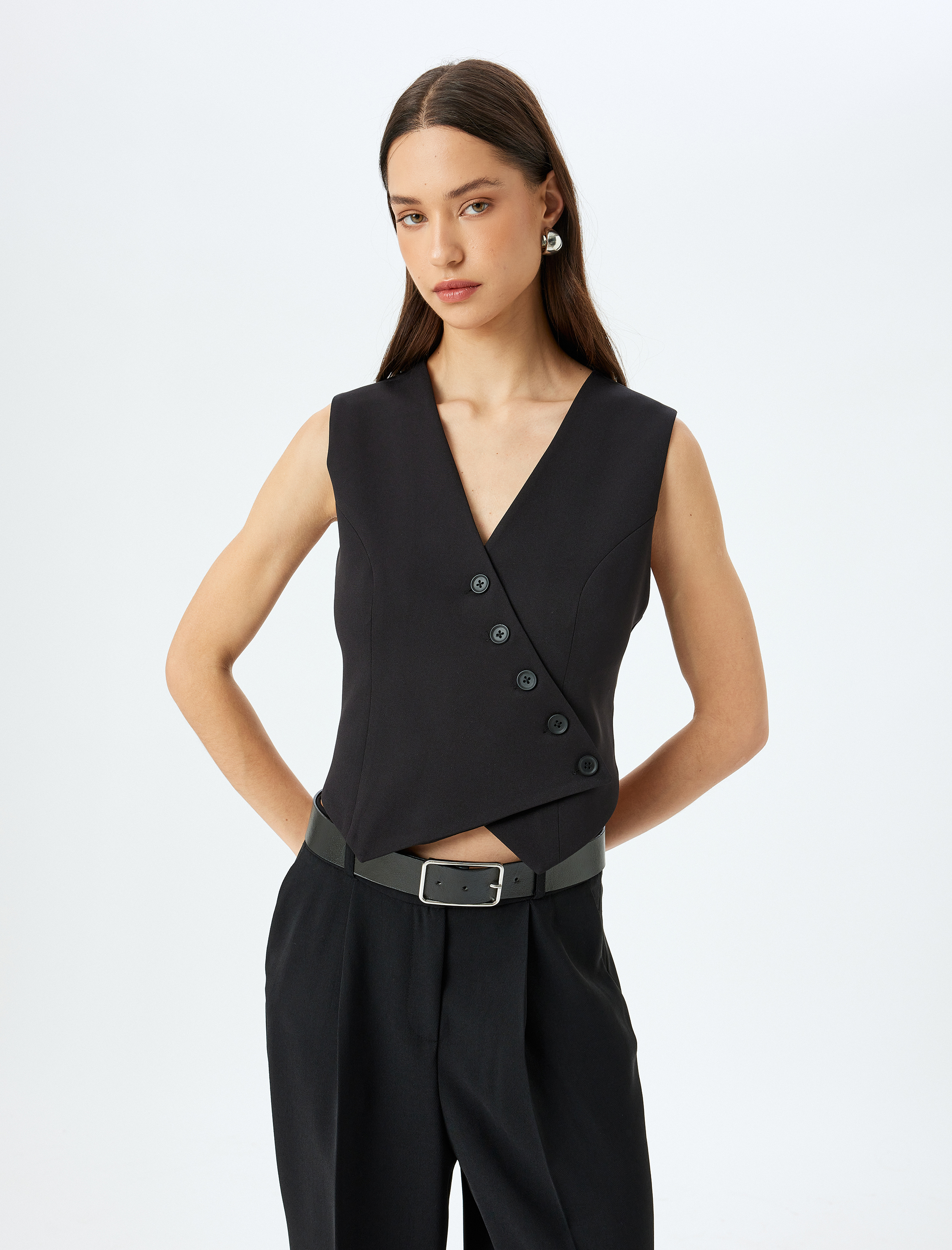   Düğmeli V Yaka Kruvaze Asimetrik Yelek