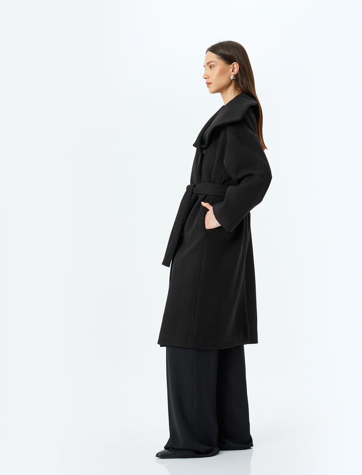  Kuşaklı Geniş Şal Yaka Kruvaze Uzun Kaşe Kaban