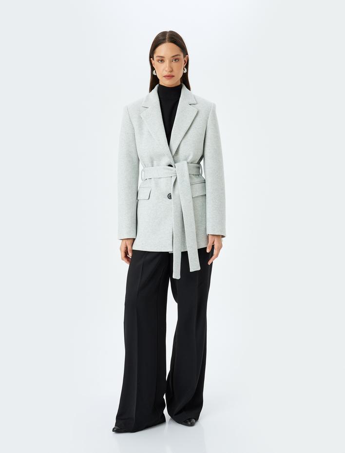  Kruvaze Kuşak Detaylı Kaşe Blazer Ceket