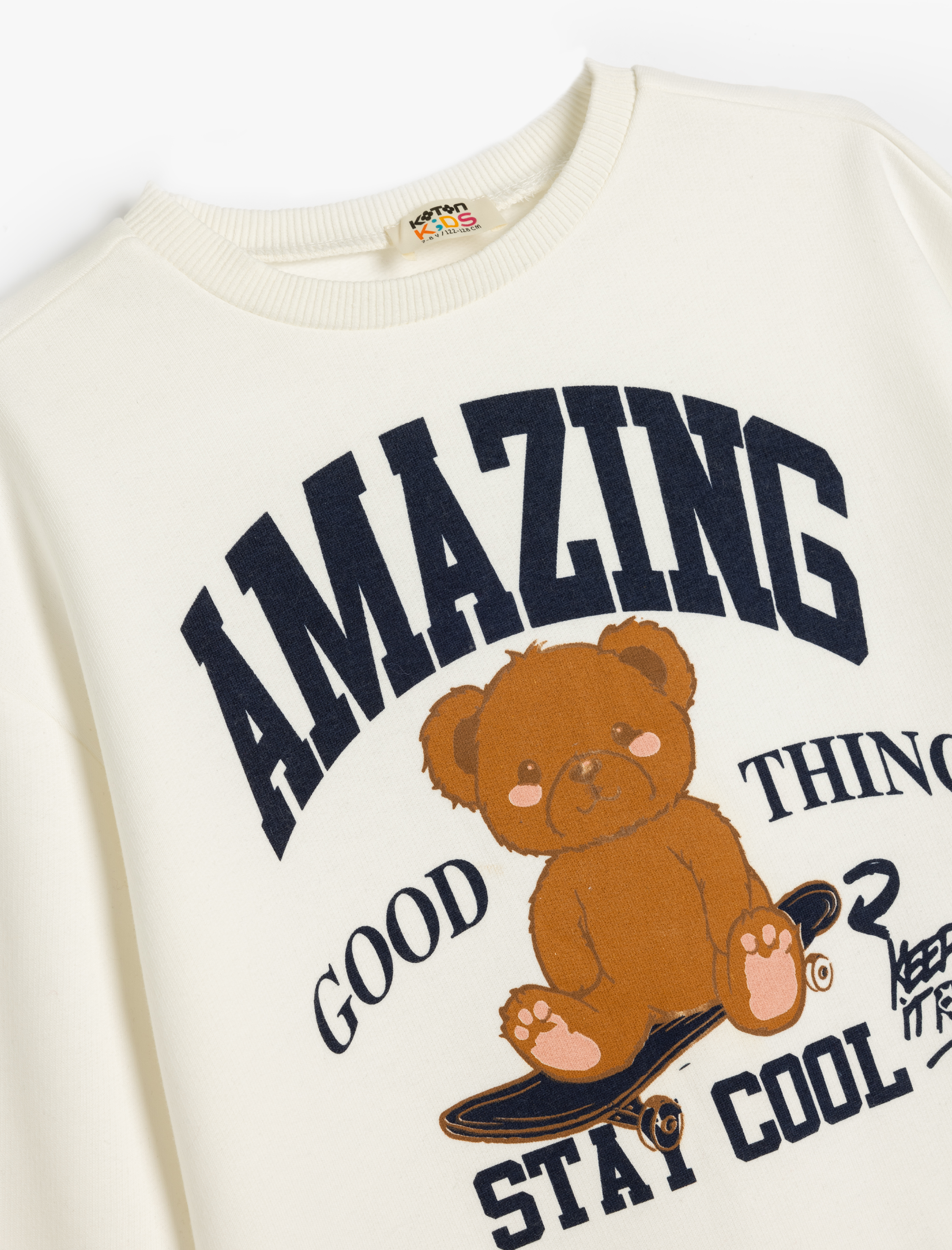  Kız Çocuk Sweatshirt Ayıcık Baskılı Uzun Kollu Bisiklet Yaka Şardonlu