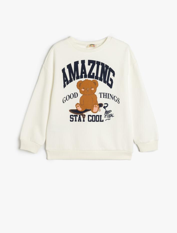 Kız Çocuk Sweatshirt Ayıcık Baskılı Uzun Kollu Bisiklet Yaka