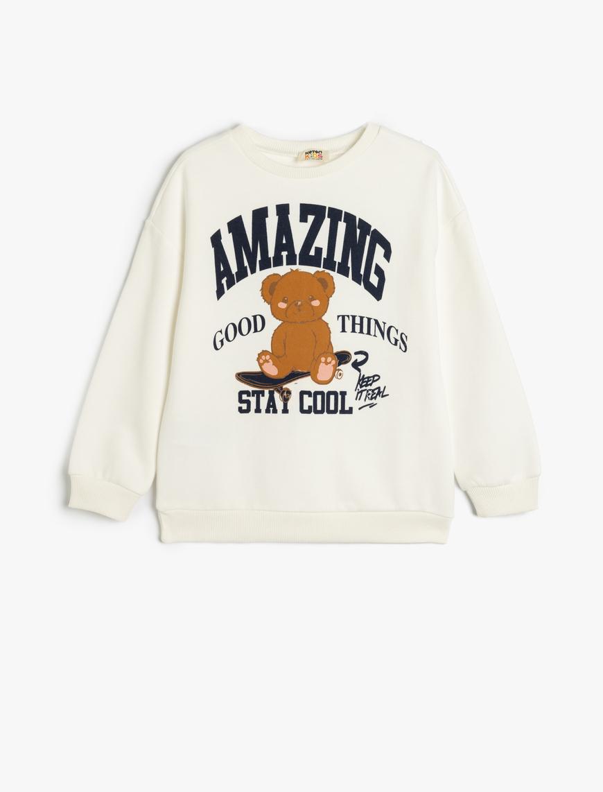  Kız Çocuk Sweatshirt Ayıcık Baskılı Uzun Kollu Bisiklet Yaka