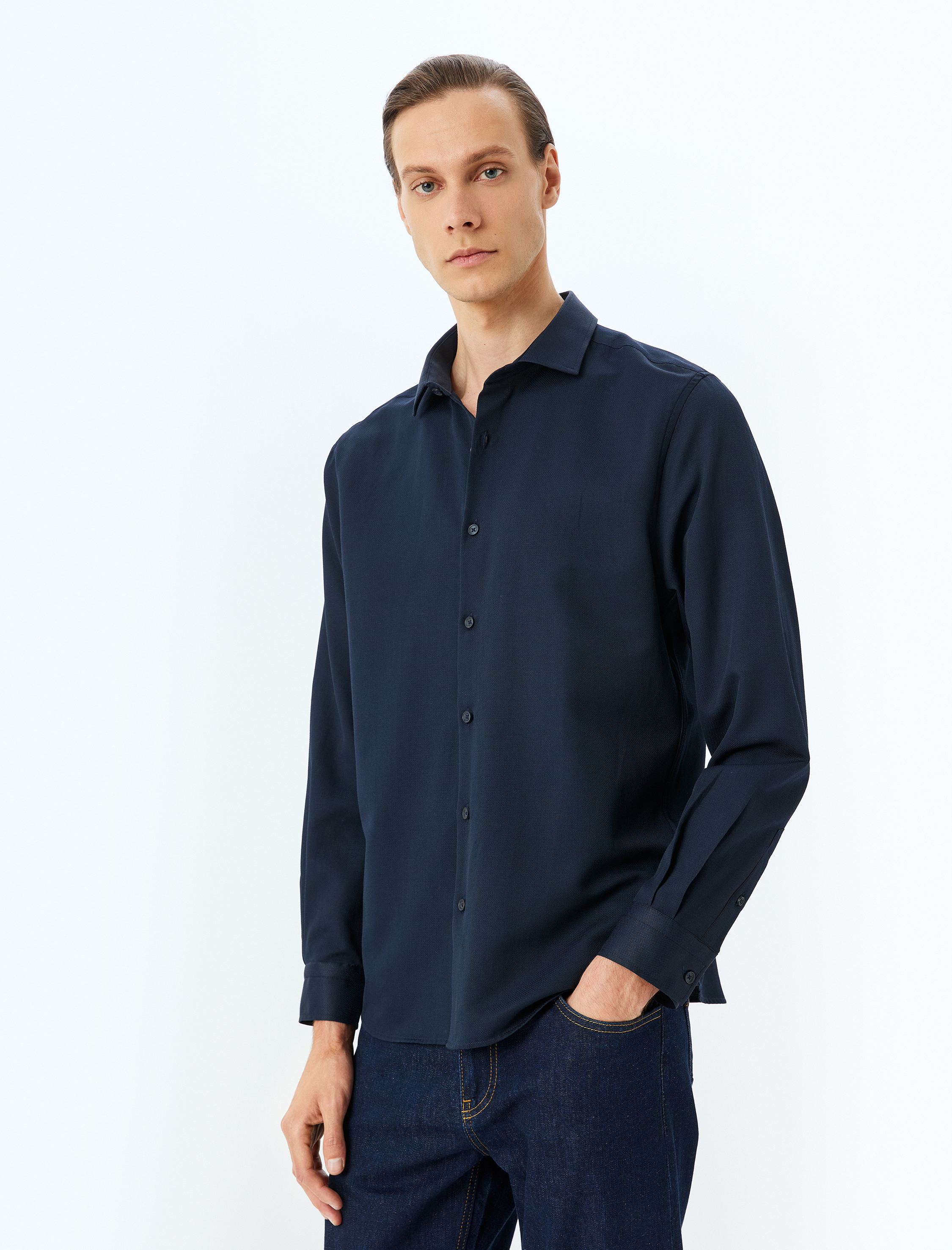 Klasik Gömlek Uzun Kollu Slim Fit Yarım İtalyan Yaka Pamuk Karışımlı