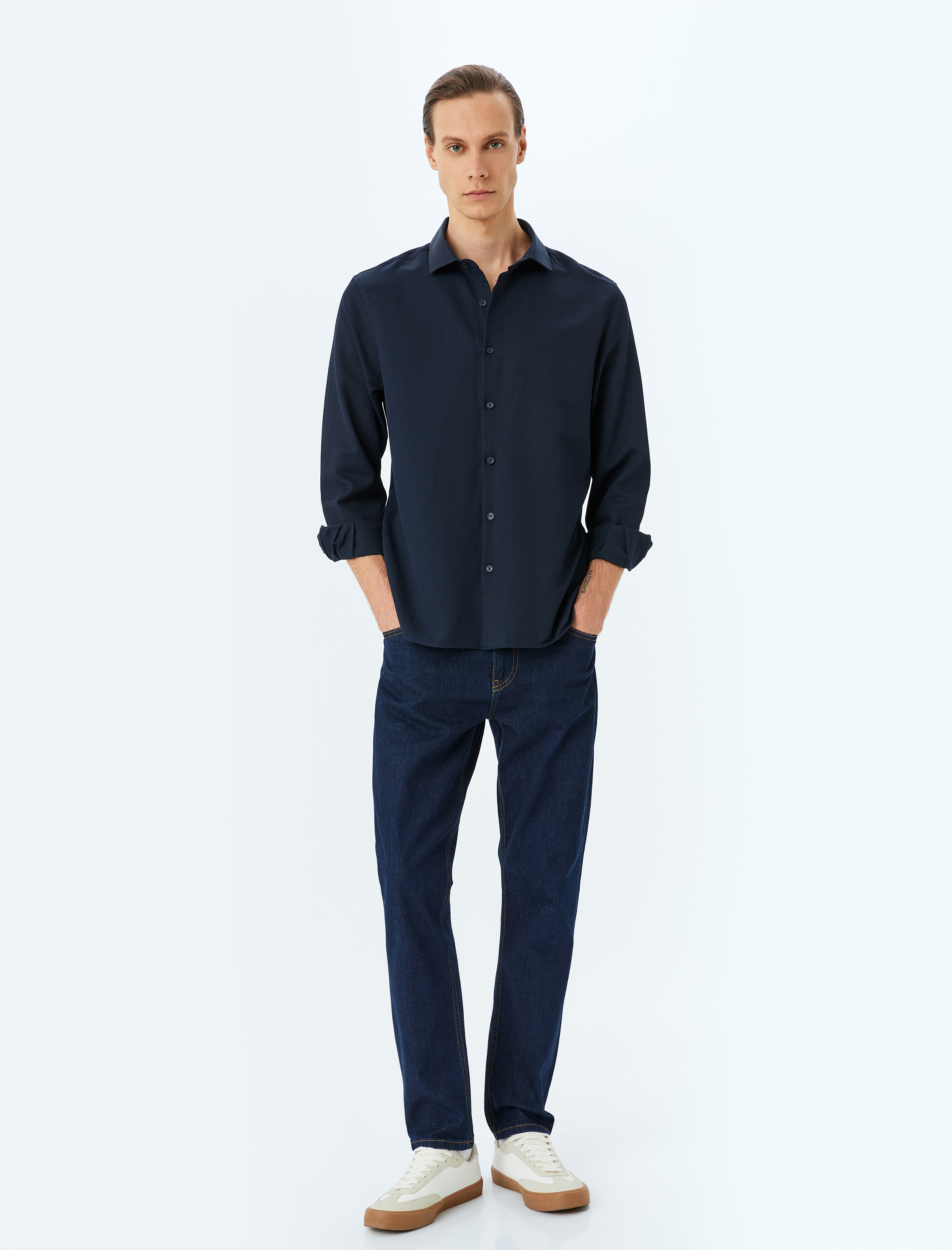 Klasik Gömlek Uzun Kollu Slim Fit Yarım İtalyan Yaka Pamuk Karışımlı