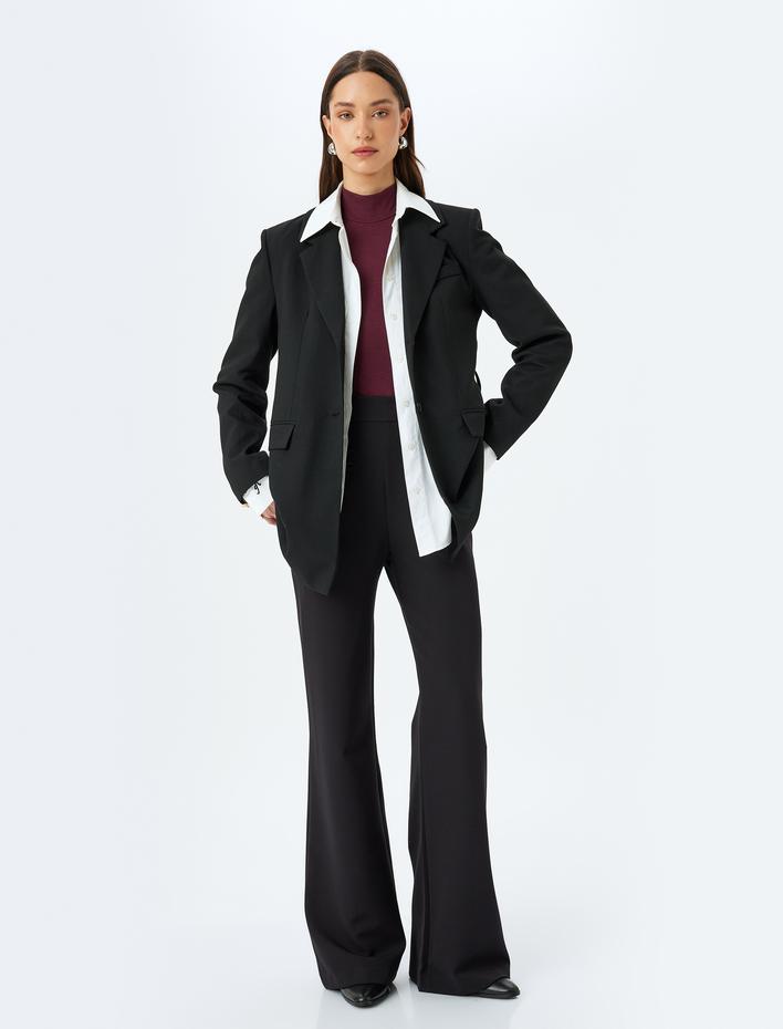  Düğme Aplike Detaylı Yüksek Bel Ekstra Uzun Geniş Paça Kumaş Pantolon