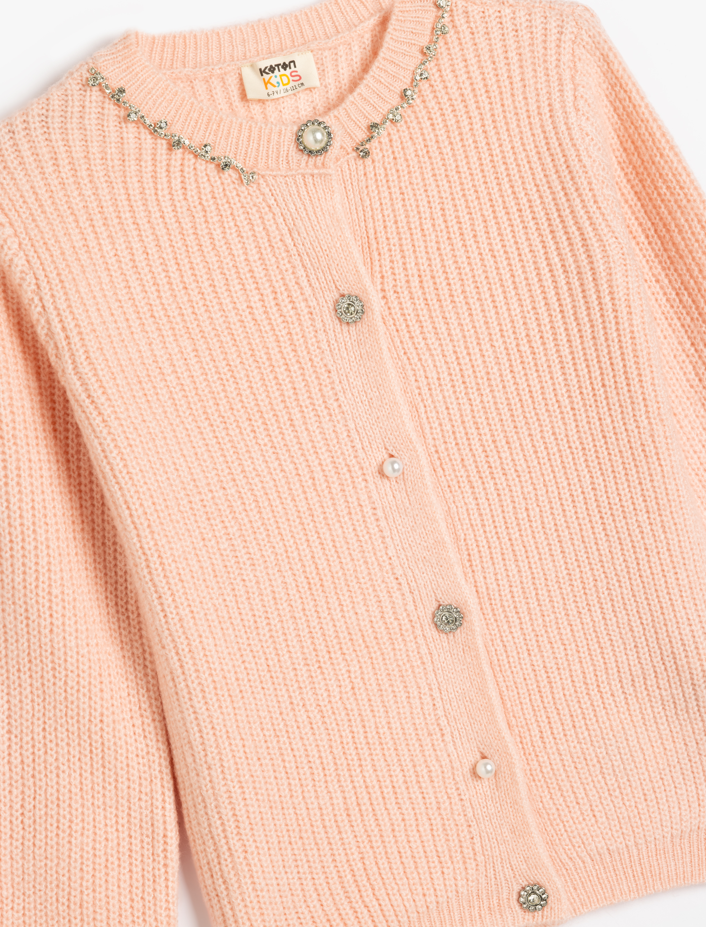  Kız Çocuk Triko Hırka İnci Düğme ve Taş Detaylı Uzun Kollu Yuvarlak Yaka