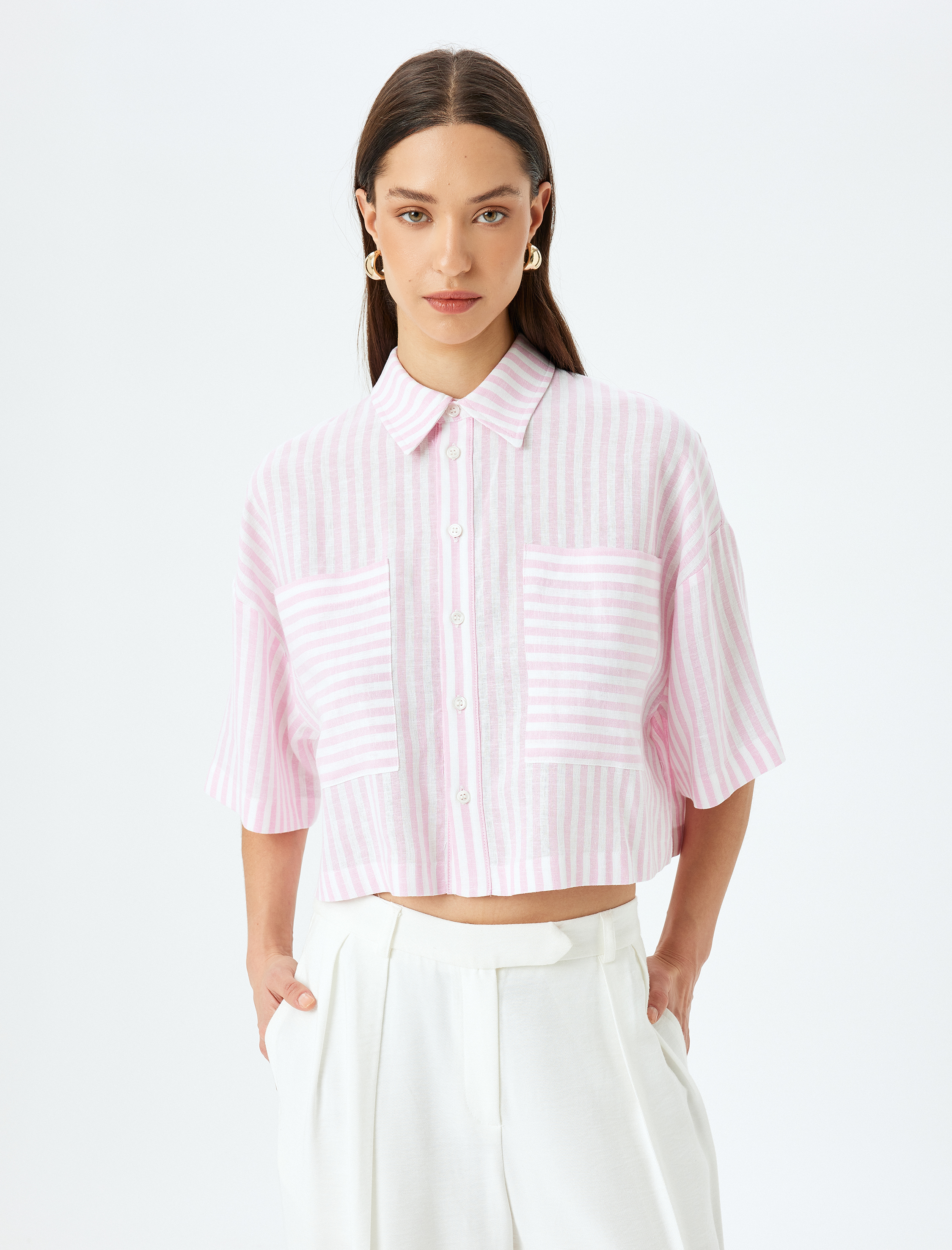   Cepli Kısa Kollu Çizgili Oversize Gömlek