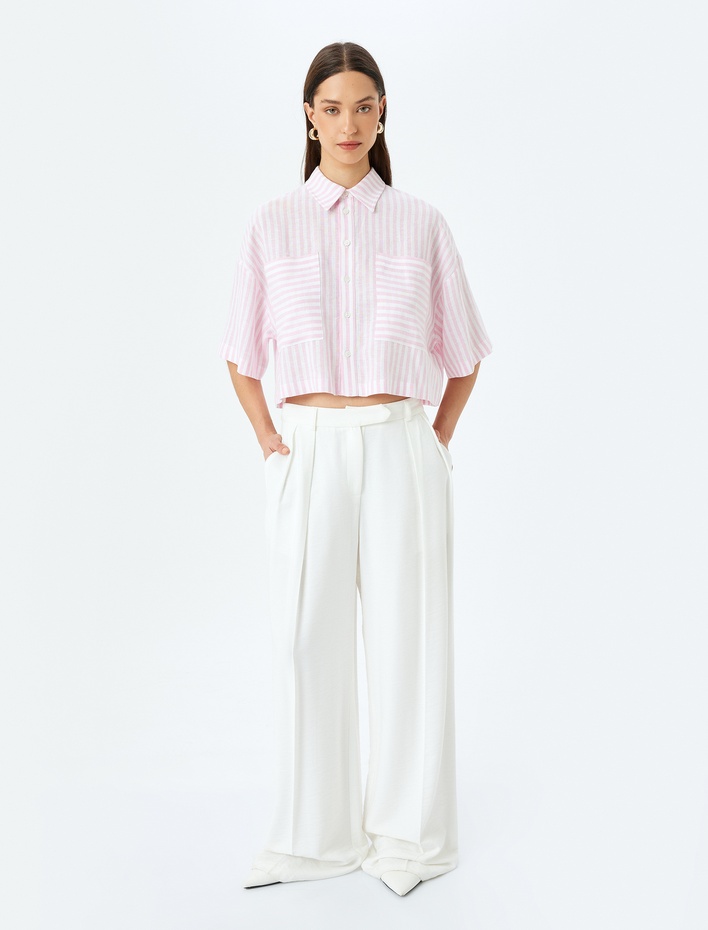  Cepli Kısa Kollu Çizgili Oversize Gömlek