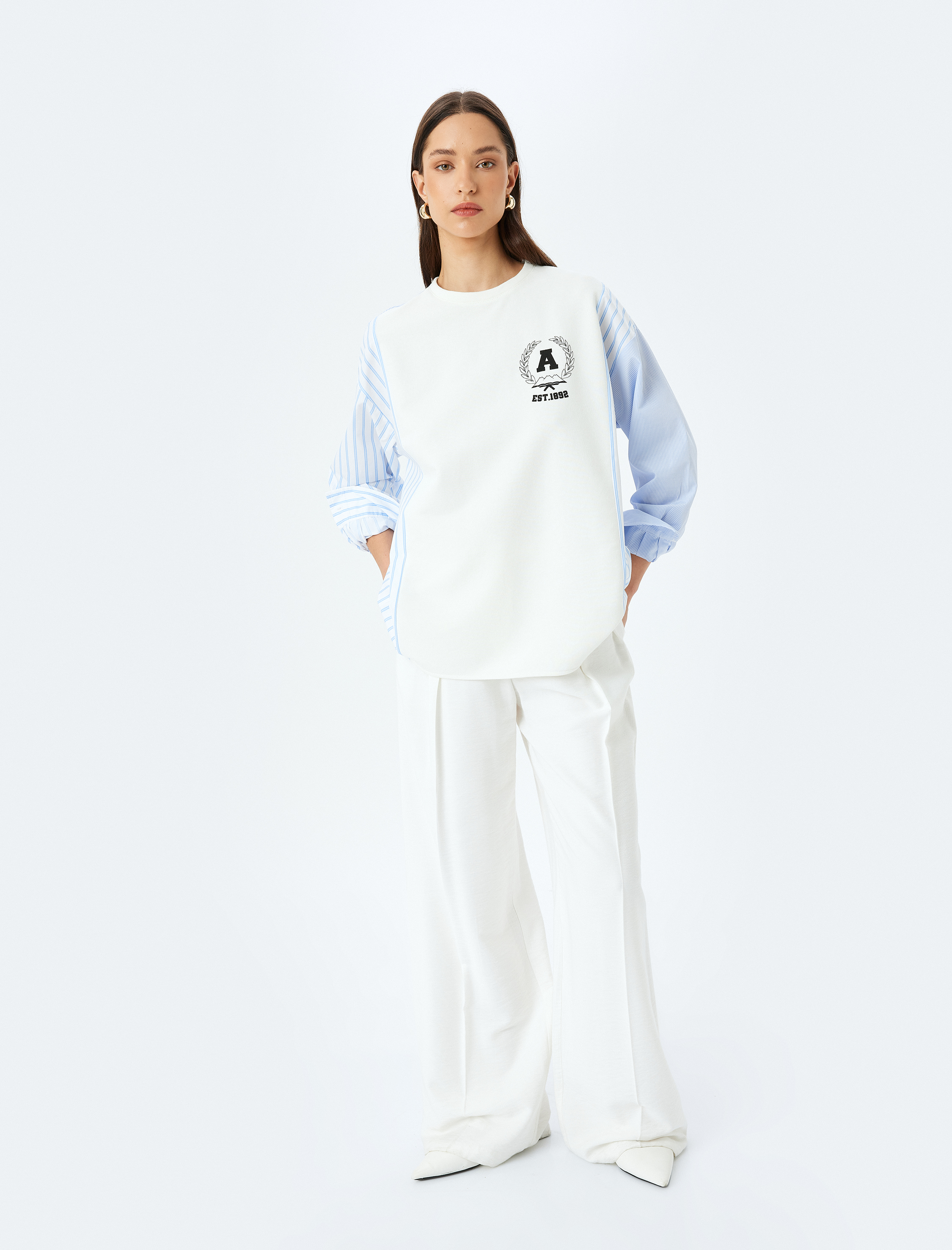   İki farklı Kumaş Kullanımlı Uzun Kollu Bisiklet Yaka Çizgili Sweatshirt