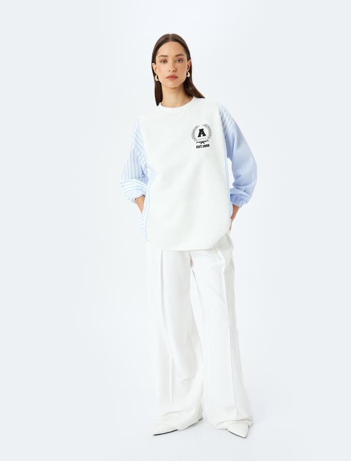  İki farklı Kumaş Kullanımlı Uzun Kollu Bisiklet Yaka Çizgili Sweatshirt