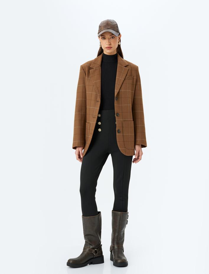  Gold Düğme Detaylı Yüksek Bel Pantolon Tayt