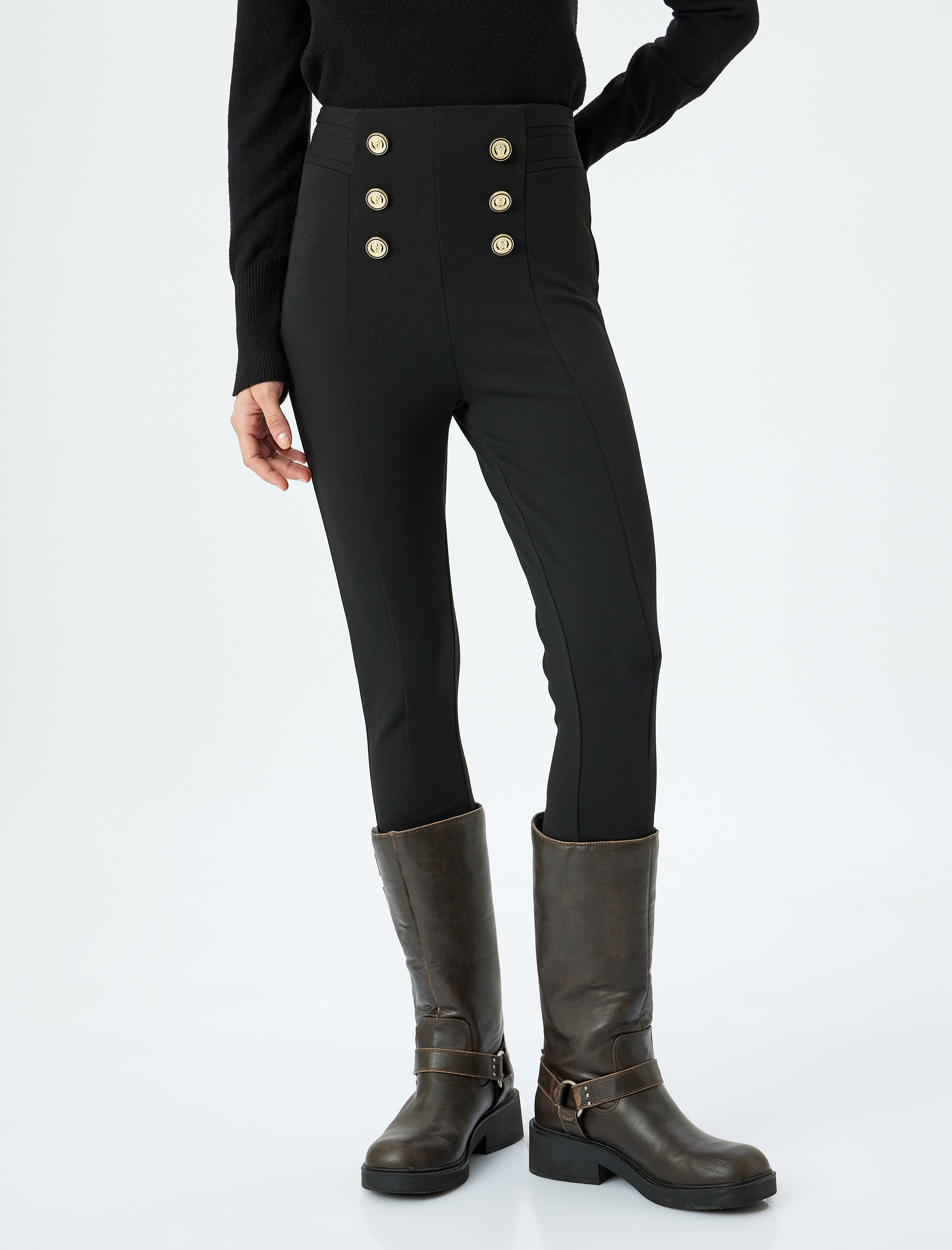   Gold Düğme Detaylı Yüksek Bel Pantolon Tayt