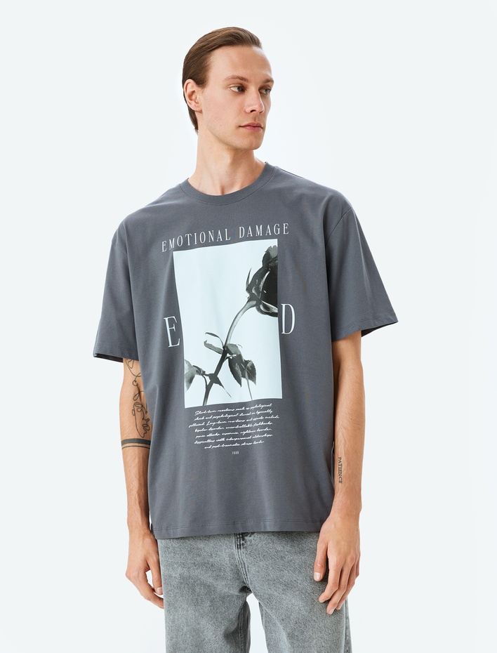  Bisiklet Yaka Kısa Kollu Pamuklu Bol Kalıp Baskılı Tişört