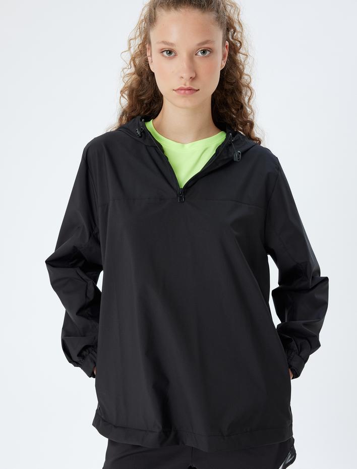  Spor Ceket Oversize Kapüşonlu Yarım Fermuarlı