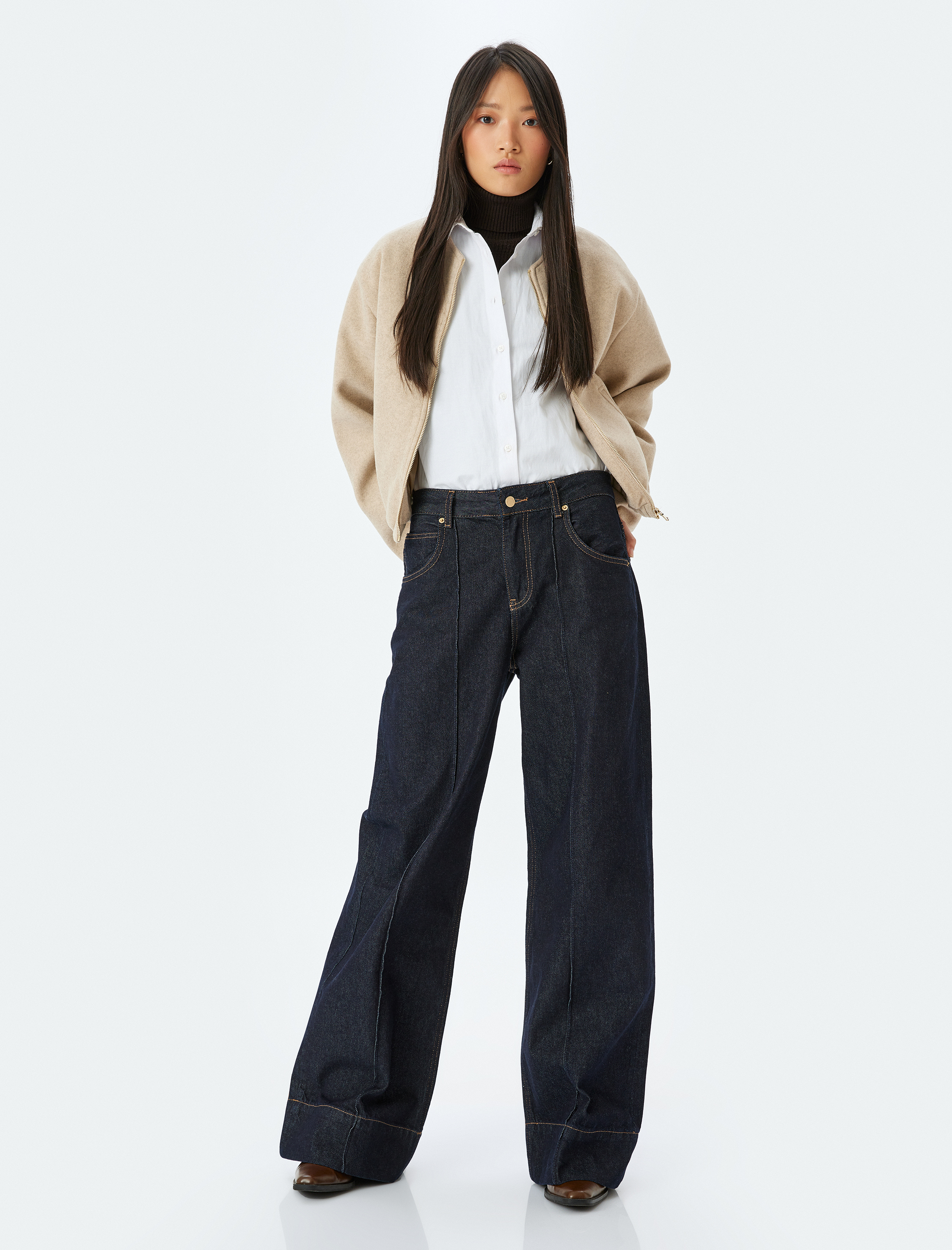 Crop Kolej Bomber Ceket Yuvarlak Yaka Fermuarlı