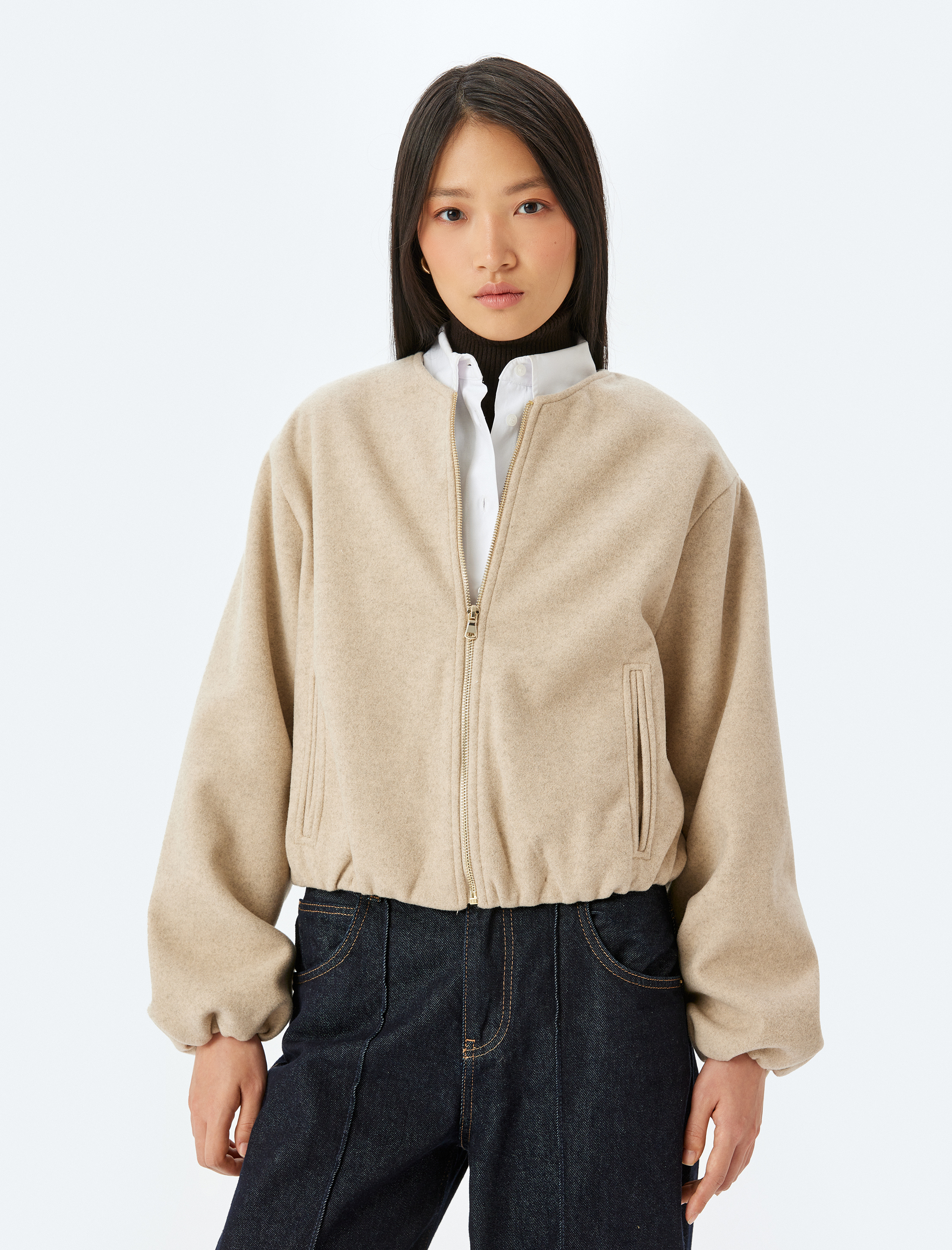 Crop Kolej Bomber Ceket Yuvarlak Yaka Fermuarlı