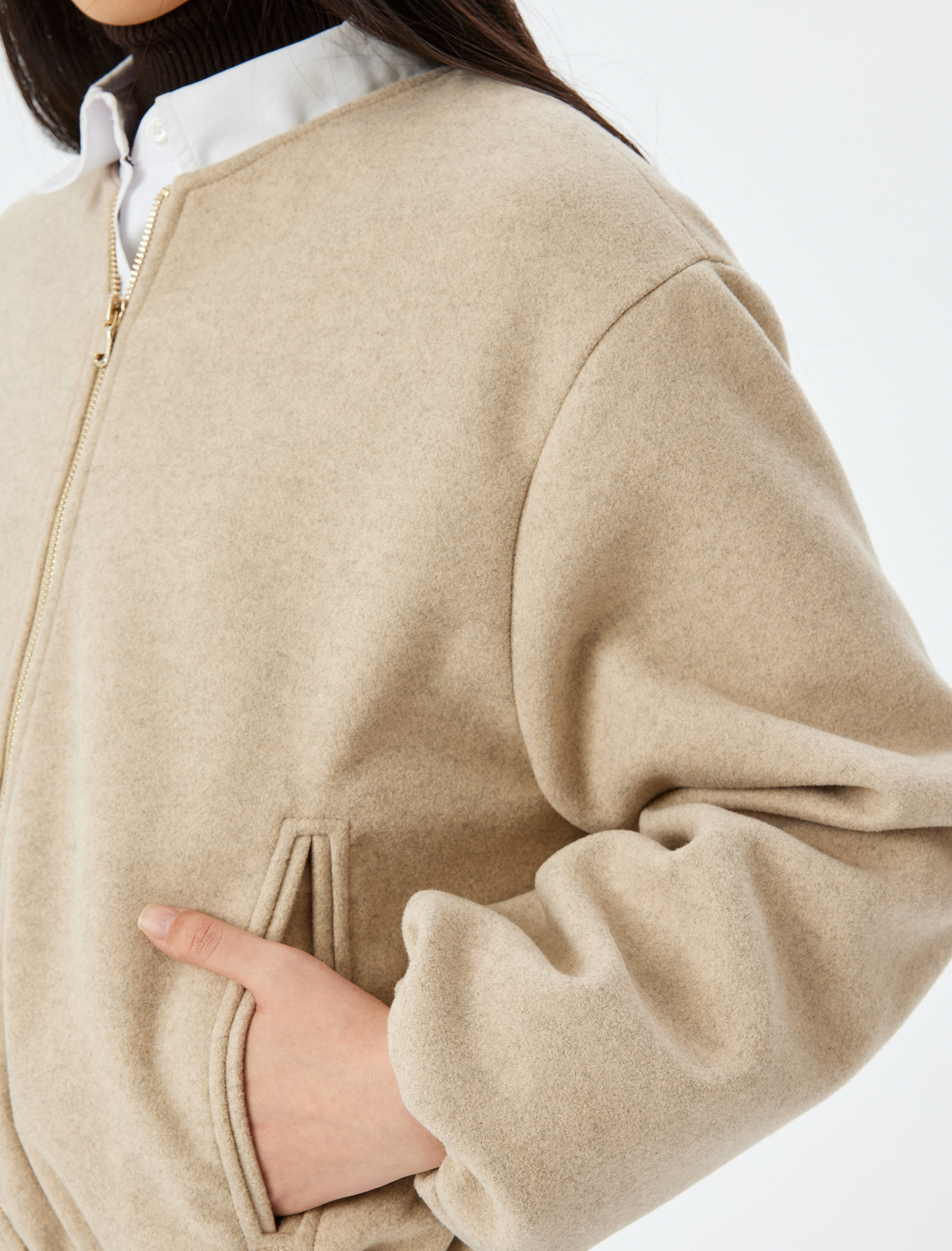 Crop Kolej Bomber Ceket Yuvarlak Yaka Fermuarlı