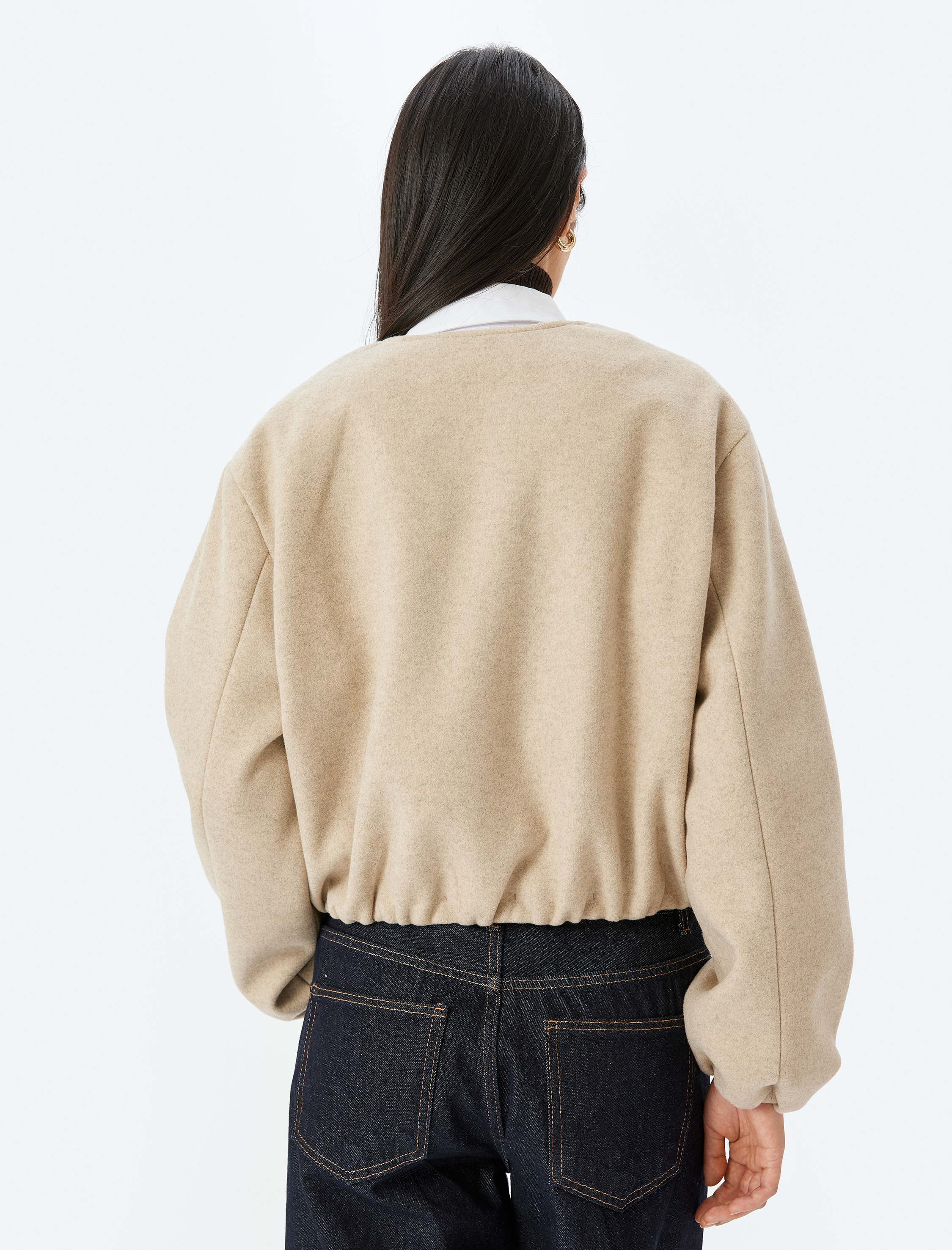 Crop Kolej Bomber Ceket Yuvarlak Yaka Fermuarlı