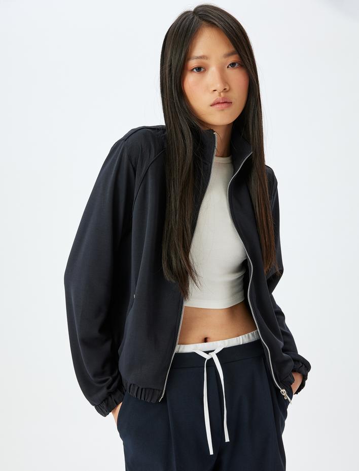  Modal Kumaş Karışımlı Dik Yaka Cepli Fermuarlı Bomber Mevsimlik Ceket